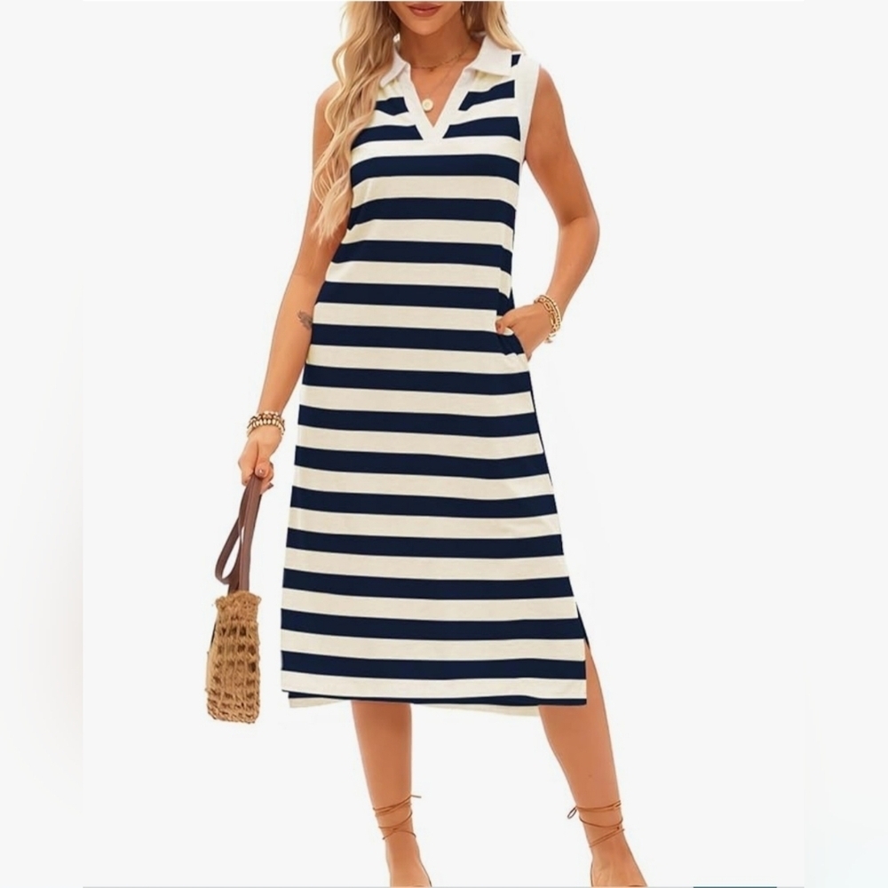 Navy and Cream Striped Sleeveless Fun Summer Dress